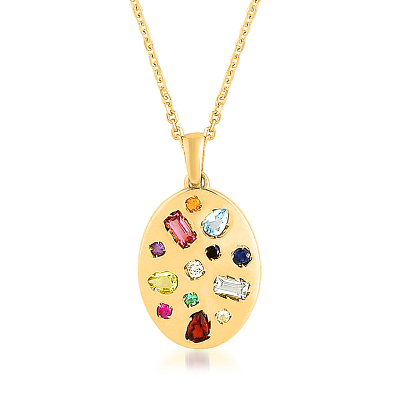 14kt yellow gold oval pendant necklace with multi-color gemstones and clear diamond center