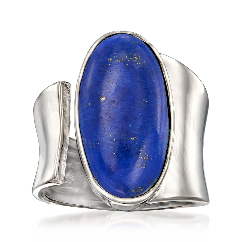 Sterling silver wrap ring with oval blue lapis stone, bezel-set