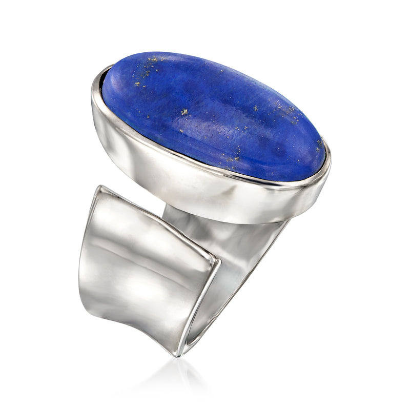 Sterling silver wrap ring with oval blue lapis cabochon, wide band