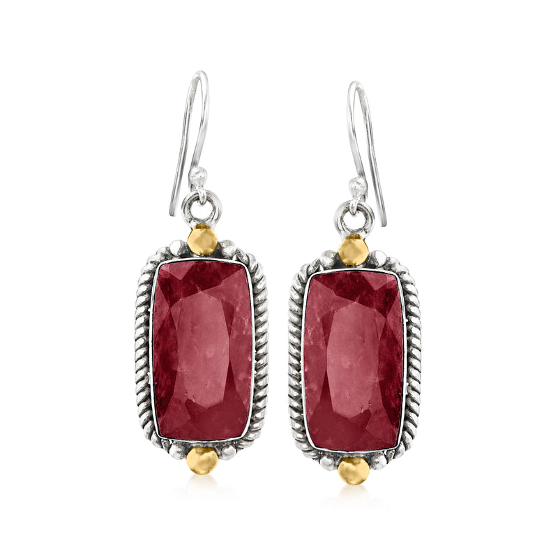 Two-tone sterling silver drop earrings with red ruby-style rectangular stones and gold accents