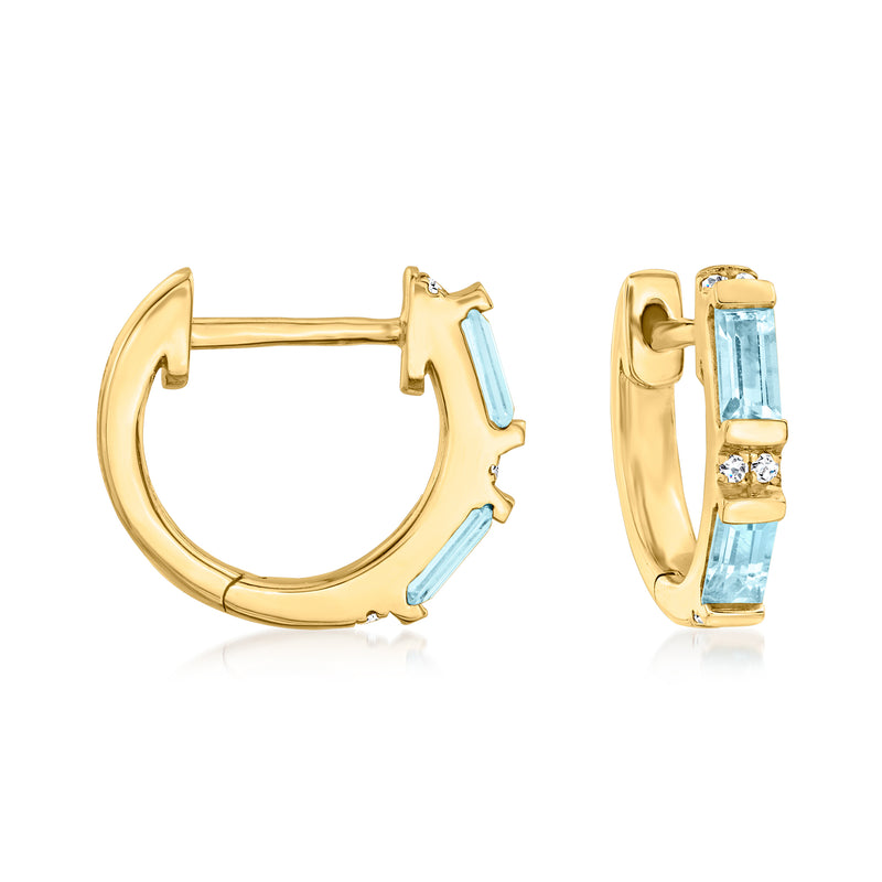 14kt yellow gold huggie hoop earrings with blue topaz and small diamond accents