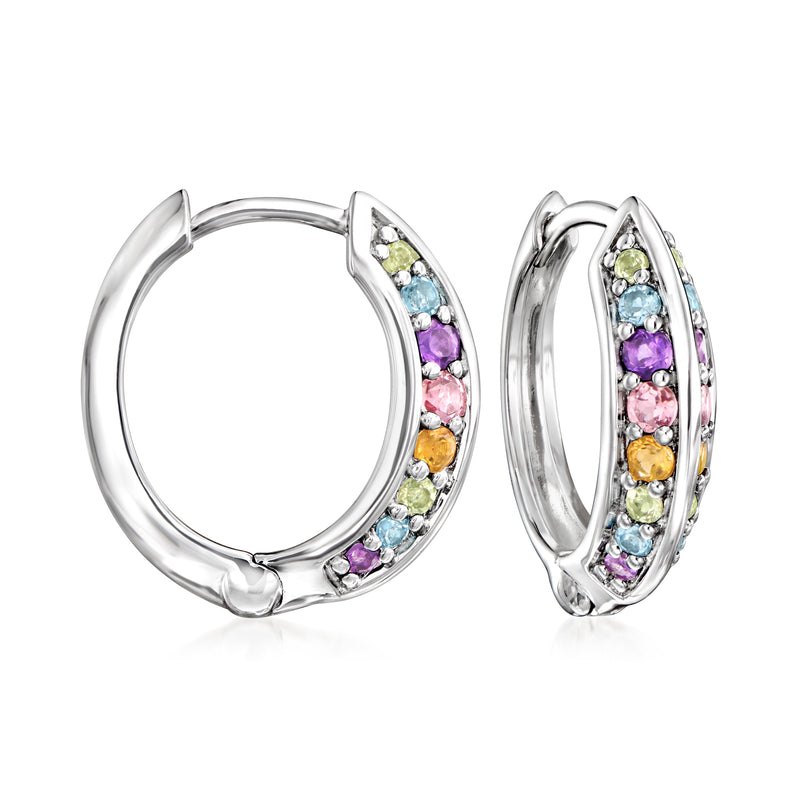 Sterling silver hoop earrings with multicolor gemstone accents along the rim