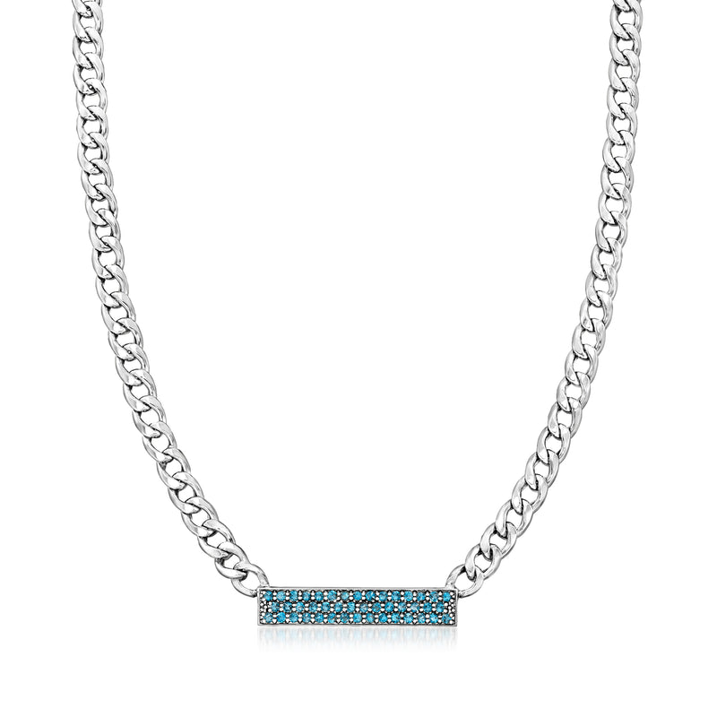 Sterling silver curb-link bar necklace with sky-blue gemstone row
