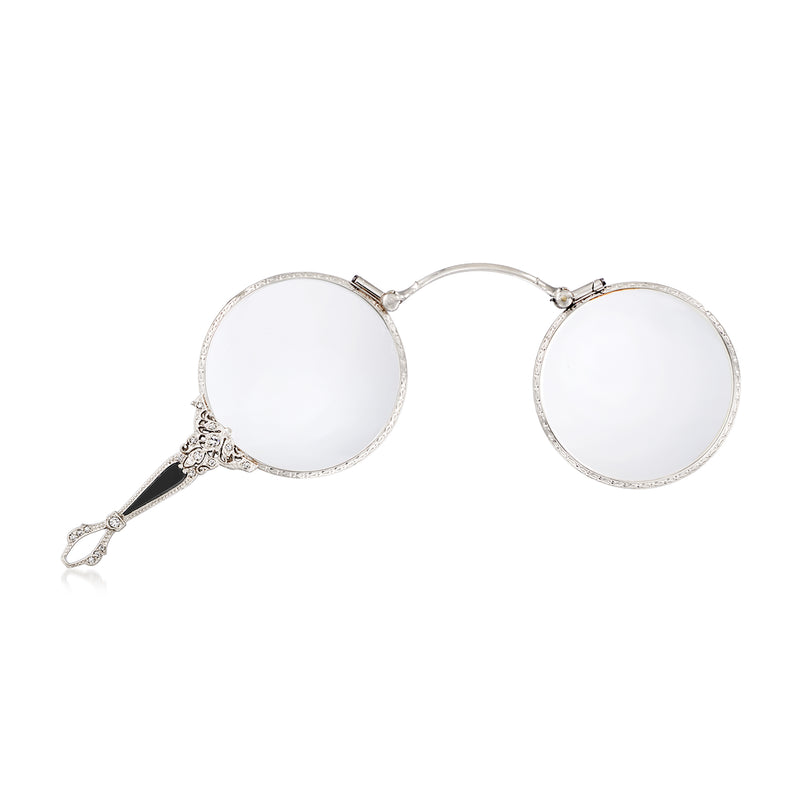 Vintage diamond opera glasses with black onyx accents, platinum-toned round lenses