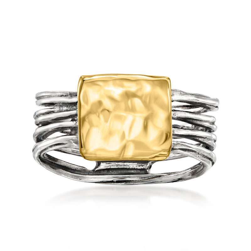 Hammered square 14kt yellow gold ring with sterling silver band