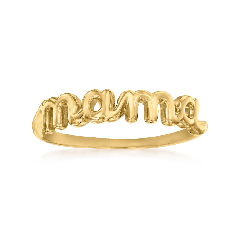 14kt yellow gold Mama cursive ring with raised lettering