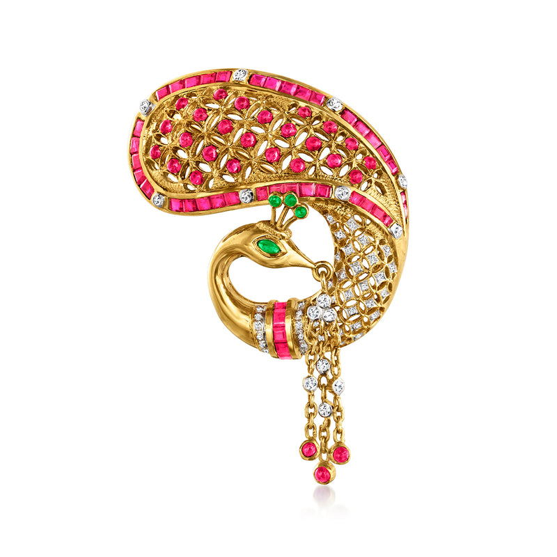 14kt gold peacock pin with red rubies, clear diamonds, green emerald accents