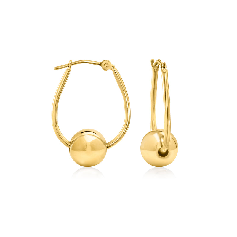 Yellow gold bead hoop earrings with round ball drop detail