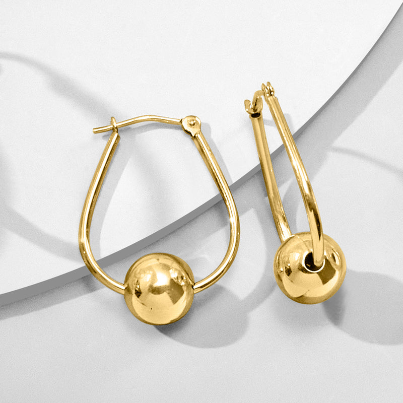 Yellow gold hoop earrings with hinged vertical style and round bead