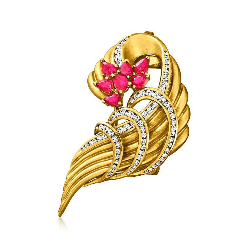 18kt yellow gold swirl pin with pink rubies and diamond accents