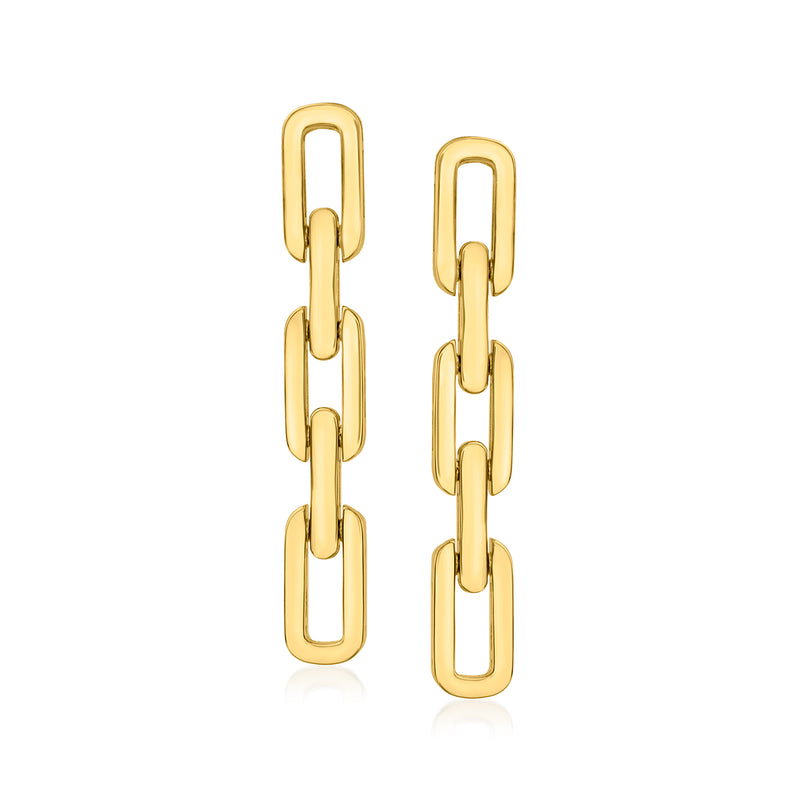 Three-link drop earrings in 18kt yellow gold with linked rectangular hoops