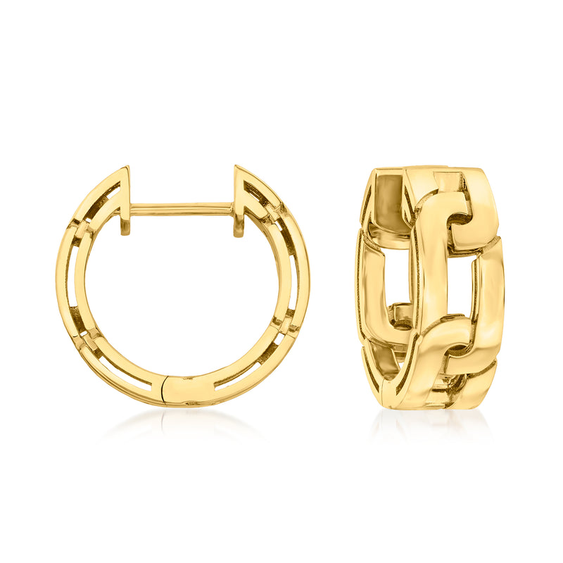 18kt yellow gold huggie hoop earrings with hinged clasp, front and side view