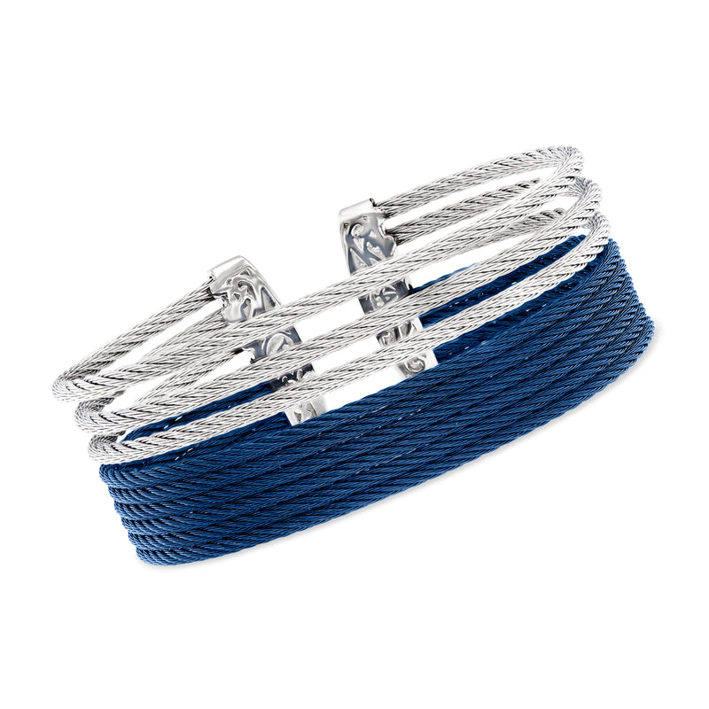 Blue and gray braided cable cuff bracelet with stacked silver stainless steel links