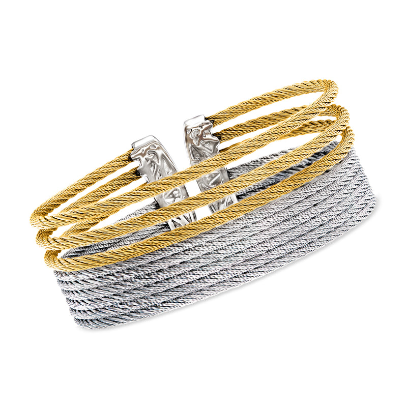 Stacked cuff bracelet with yellow and gray cable chain links and silver clasp hardware