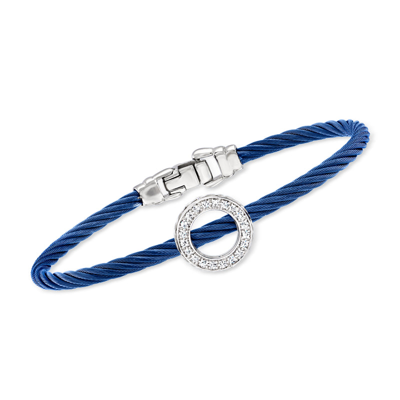 Blue stainless steel cable bracelet with round diamond halo pendant and clasp
