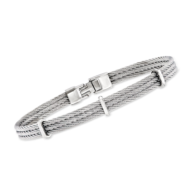 Men's stainless steel cable bracelet with gray braided links and rectangular clasp
