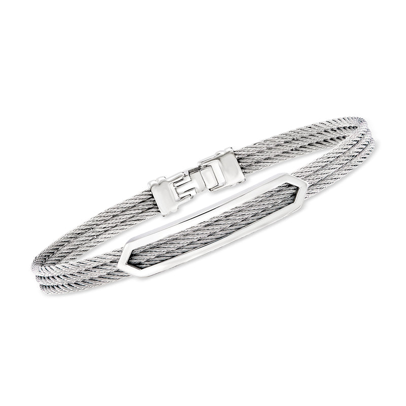 Men's gray stainless steel cable ID bracelet with open space and clasp