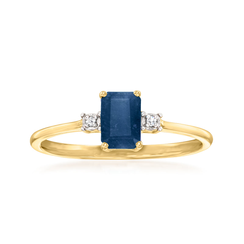 10kt yellow gold ring with blue sapphire center and diamond side stones