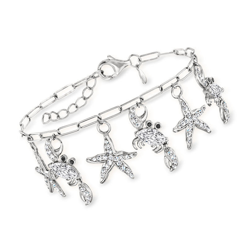 Sterling silver paper clip link bracelet with starfish and crab charms