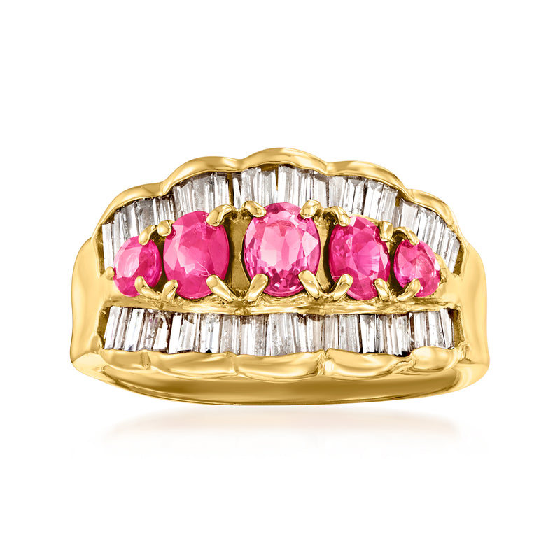 Scalloped ruby and diamond ring in 18k yellow gold, pink stones with baguette diamonds