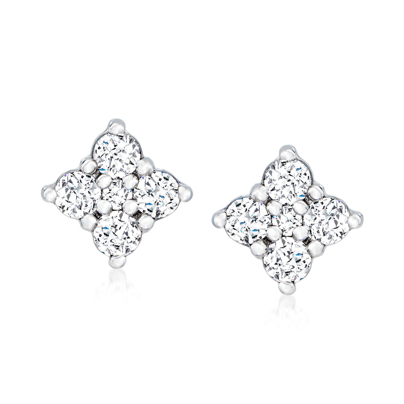 18kt white gold diamond flower stud earrings with clustered round stones on posts