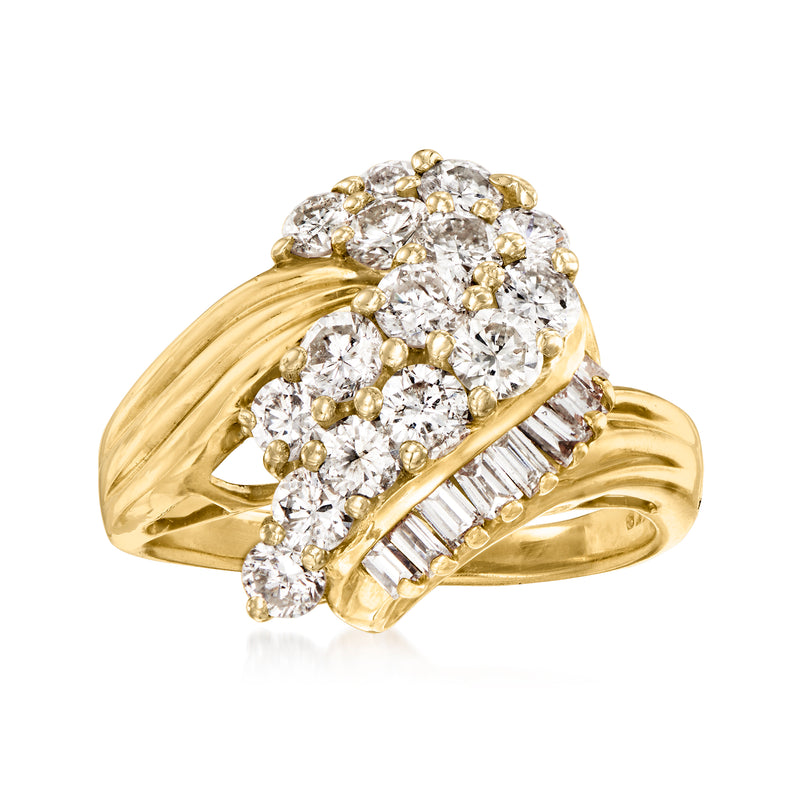Yellow gold diamond swirl ring with round stones and baguette accents