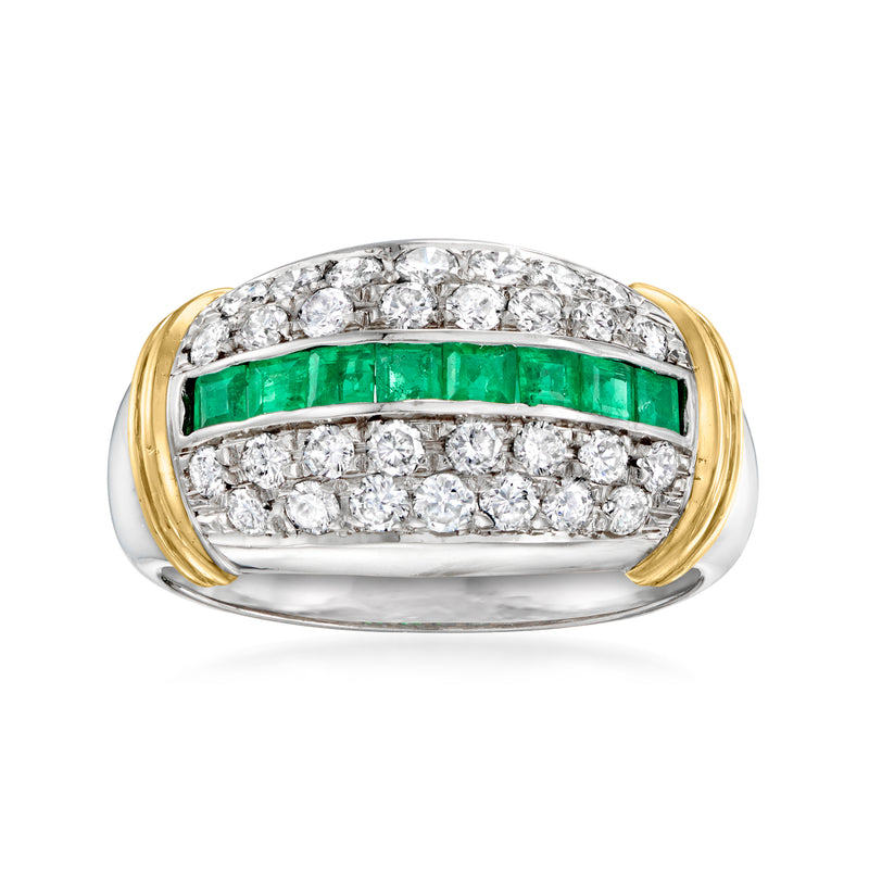 Vintage two-tone gold ring with diamond rows and emerald center band