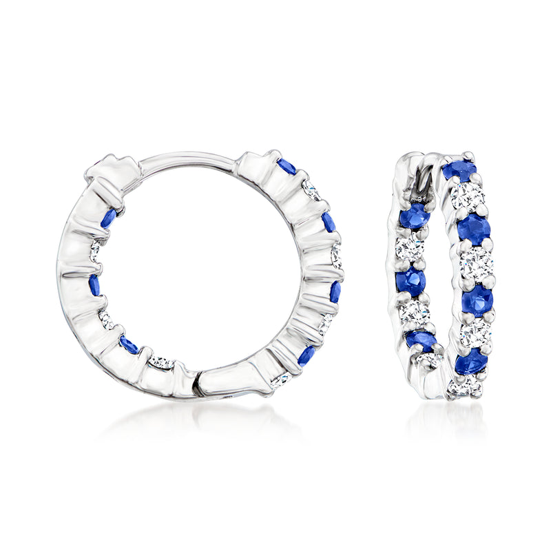 18k white gold huggie hoop earrings with blue sapphire and diamond accents