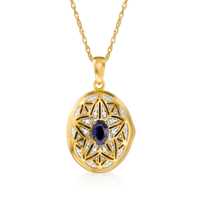 18kt gold over sterling locket necklace with oval blue sapphire center and diamond accents