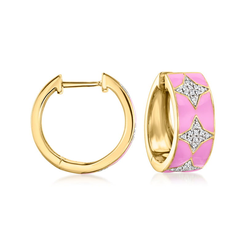 Gold hoop earrings with pink enamel star panels and diamond accents