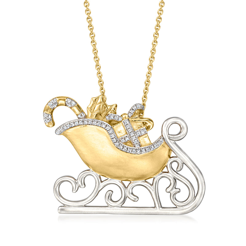 Two-tone sterling silver Santa sleigh pendant necklace with clear stone detailing