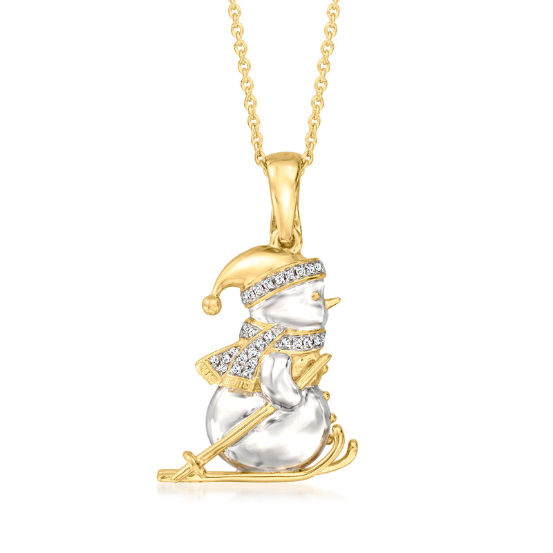 Two-tone sterling silver skiing snowman pendant necklace with diamond accents