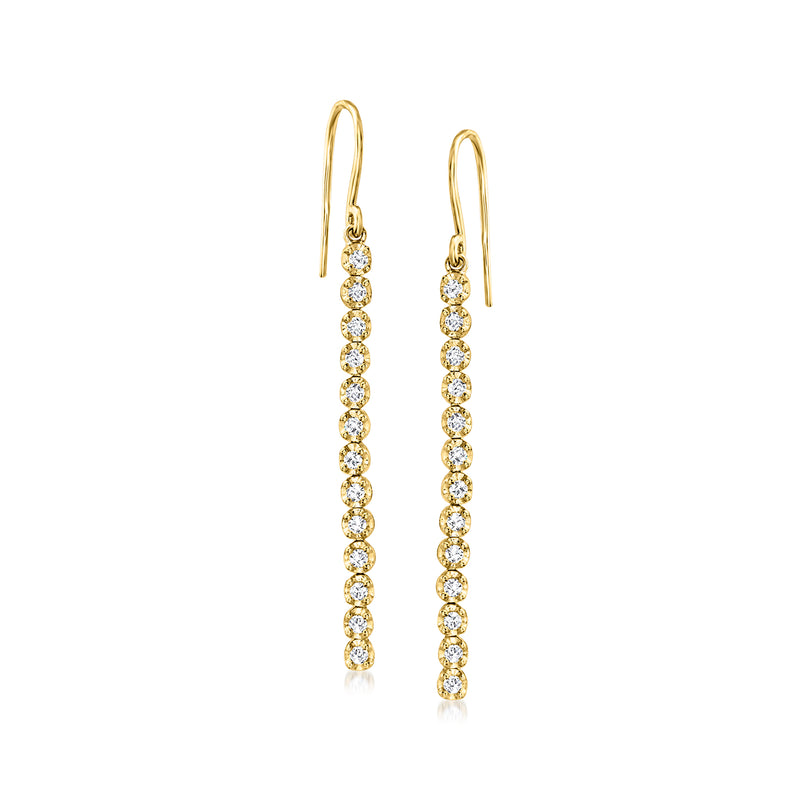 14kt yellow gold linear diamond drop earrings with circular stones and earwire hooks