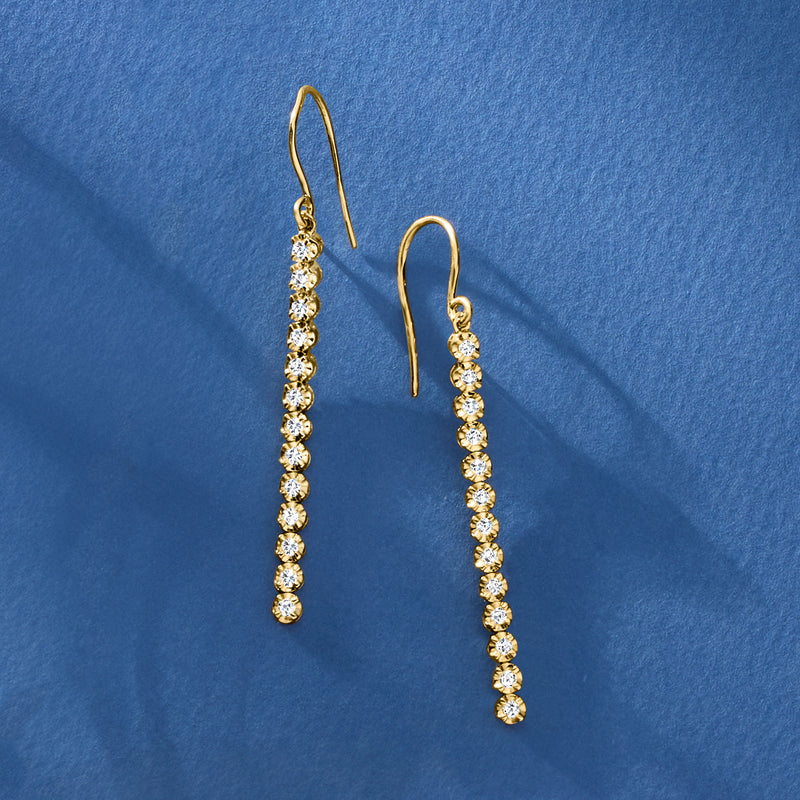 14kt yellow gold linear diamond drop earrings, dangling row of round stones
