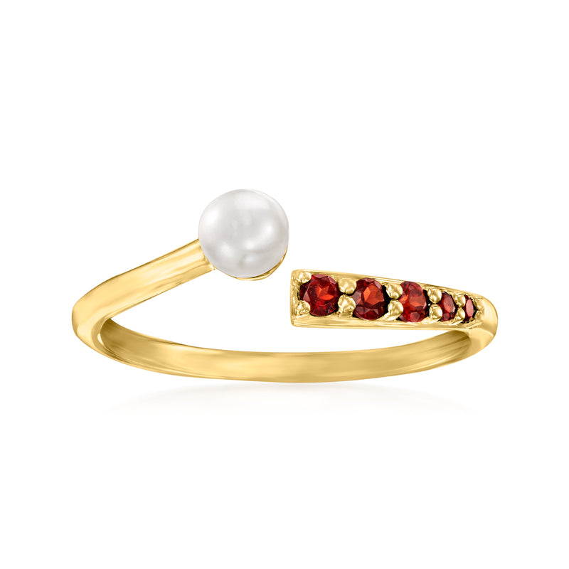 14kt yellow gold bypass ring with white cultured pearl and red garnet-style stones