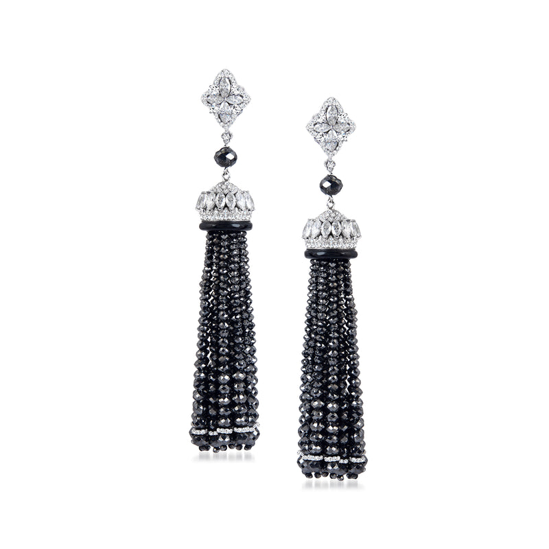 White diamond and black onyx drop earrings with dangling bead tassel clusters