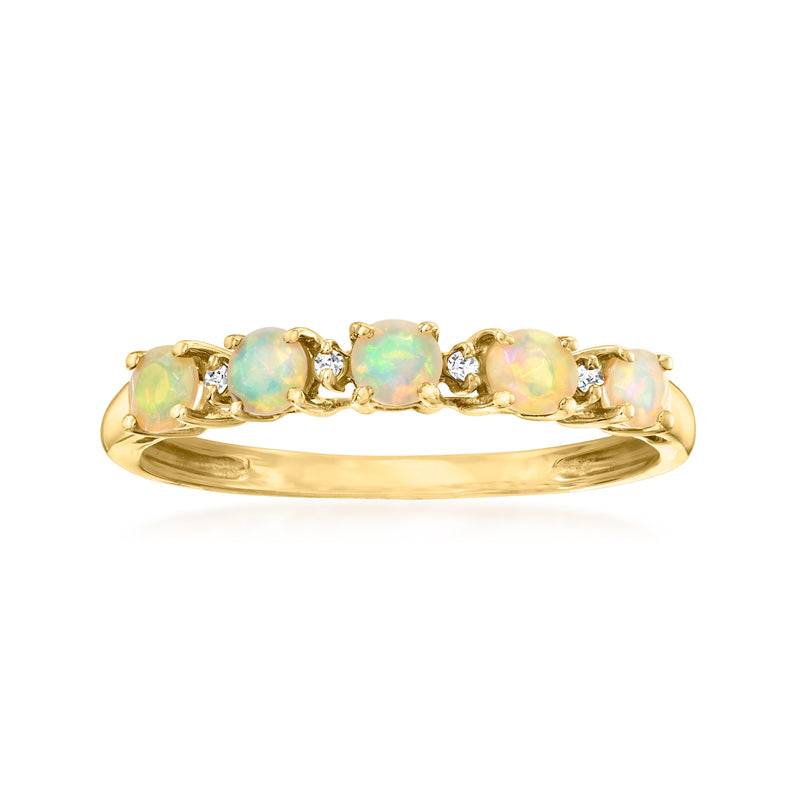 10kt yellow gold ring with three oval opal stones and small diamond accents