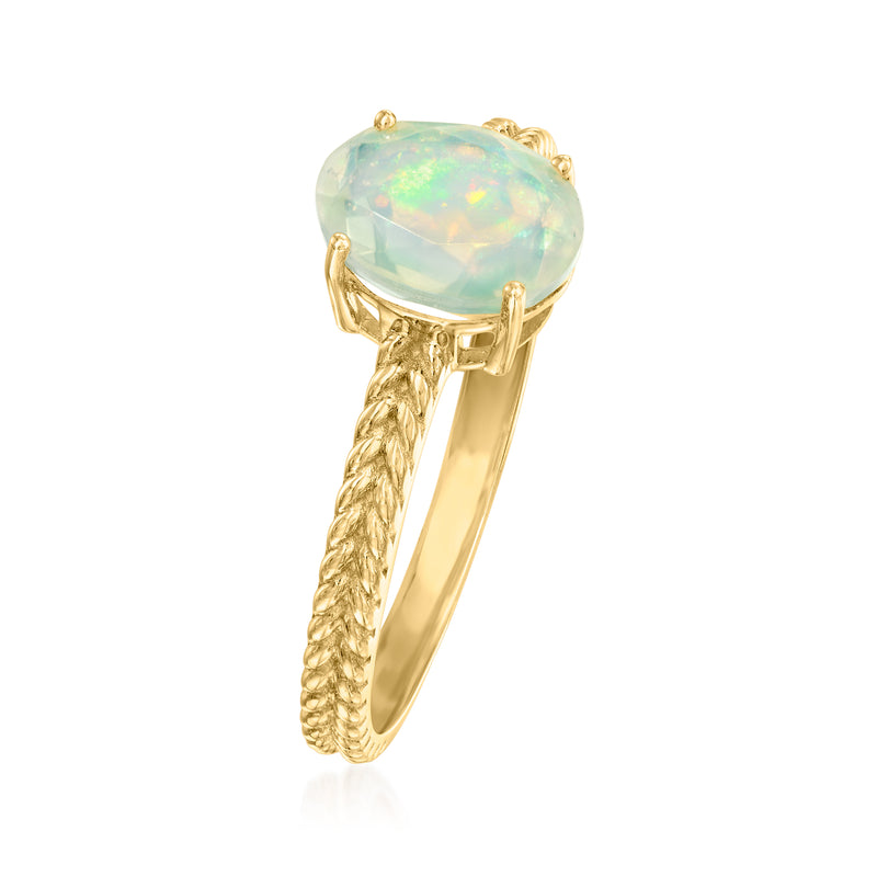 Twisted rope 10kt yellow gold ring with oval opal cabochon
