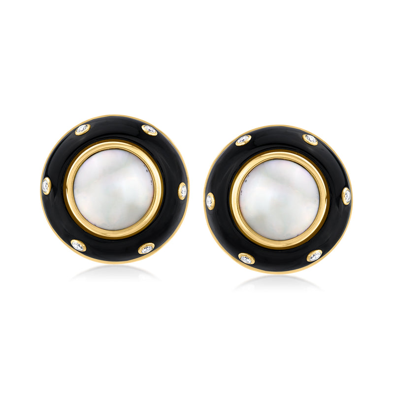 14kt yellow gold onyx and pearl round stud earrings with diamond accents