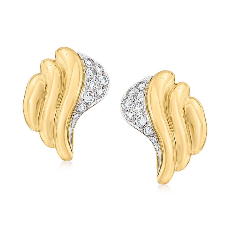 18kt two-tone gold ribbed diamond earrings with sculpted curved design