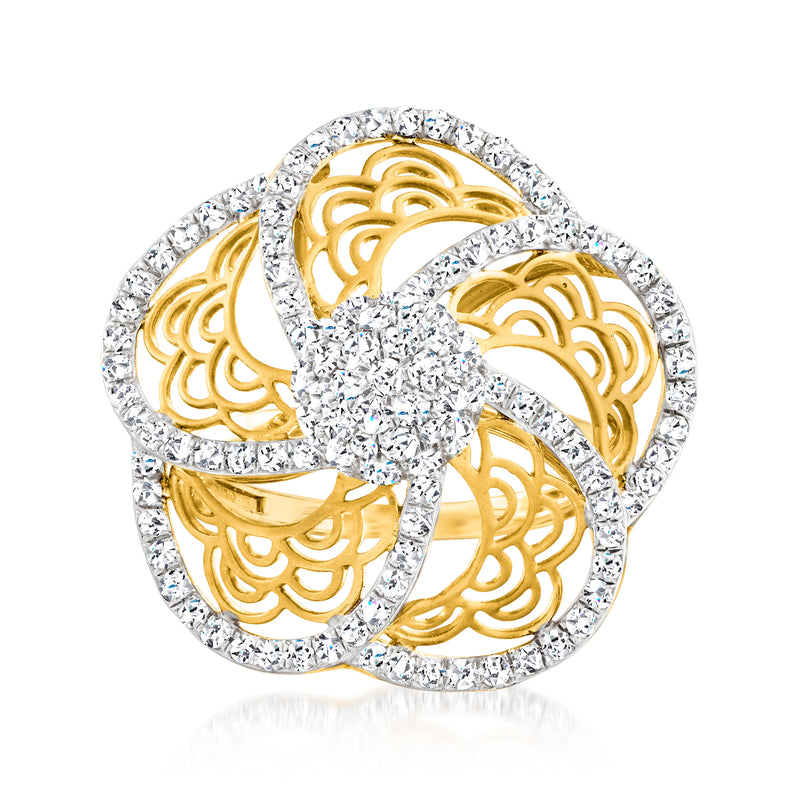 Two-tone gold openwork diamond flower cocktail ring with round center stone