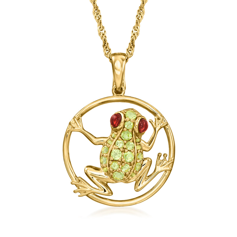 Gold-over-sterling tree frog pendant necklace, green peridot body and red garnet eyes on round frame