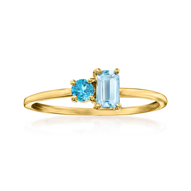 14kt yellow gold toi et moi ring with round and cushion-cut blue topaz