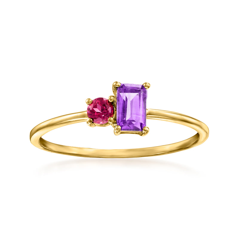 14kt yellow gold toi et moi ring with amethyst and rhodolite garnet