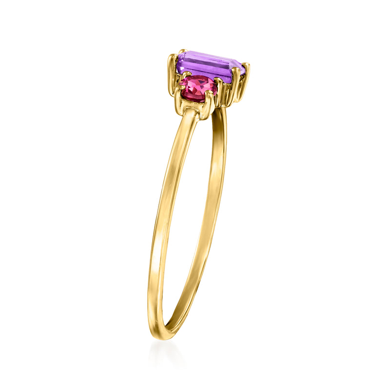 14kt yellow gold ring with square purple amethyst center and pink side stone