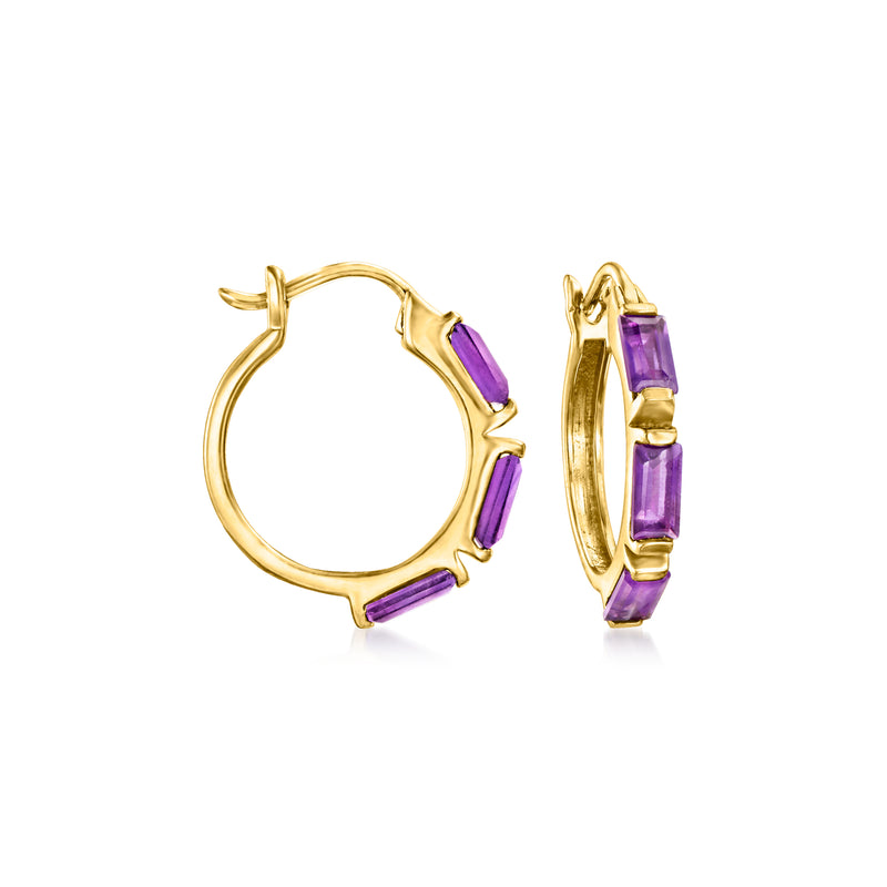 14kt yellow gold amethyst hoop earrings with purple rectangular gemstones