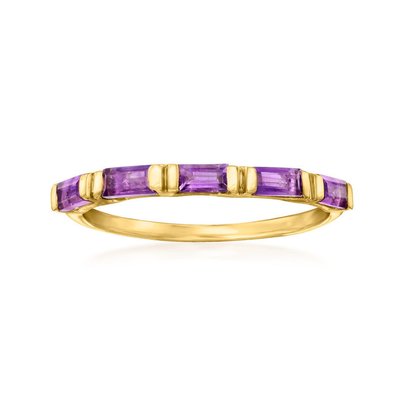 14kt yellow gold amethyst ring with purple baguette stones, curved band