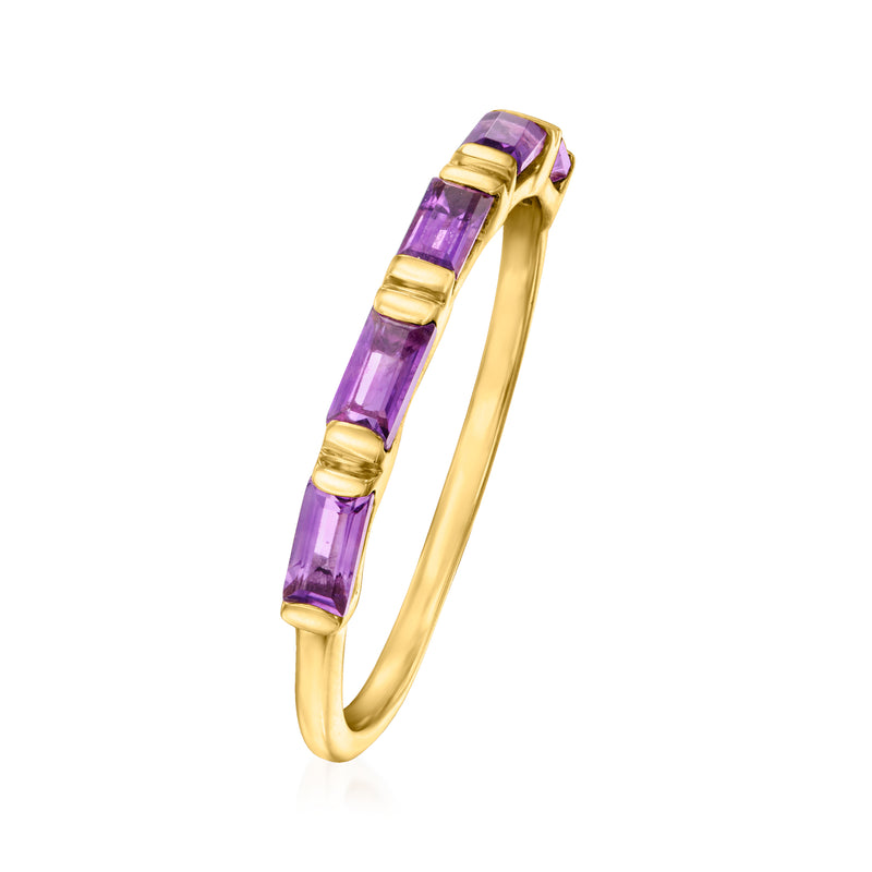 14kt yellow gold amethyst band ring, purple baguette gemstones in bezel settings