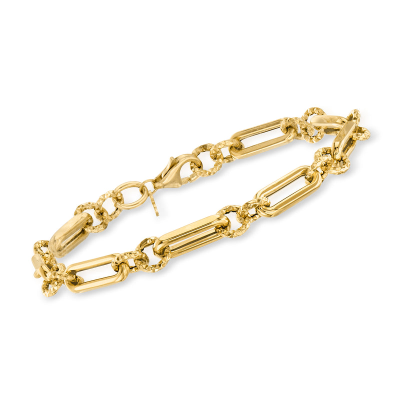 Yellow gold link bracelet with alternating cable and paper clip-style chain links