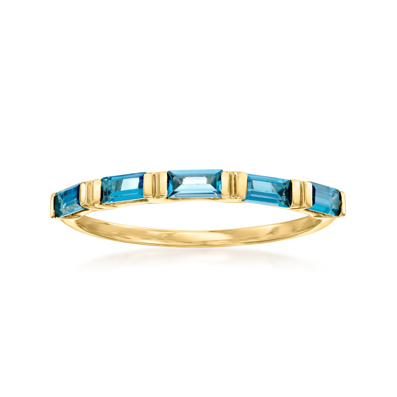 14kt yellow gold ring with London blue topaz baguette stones, stepped bezel design